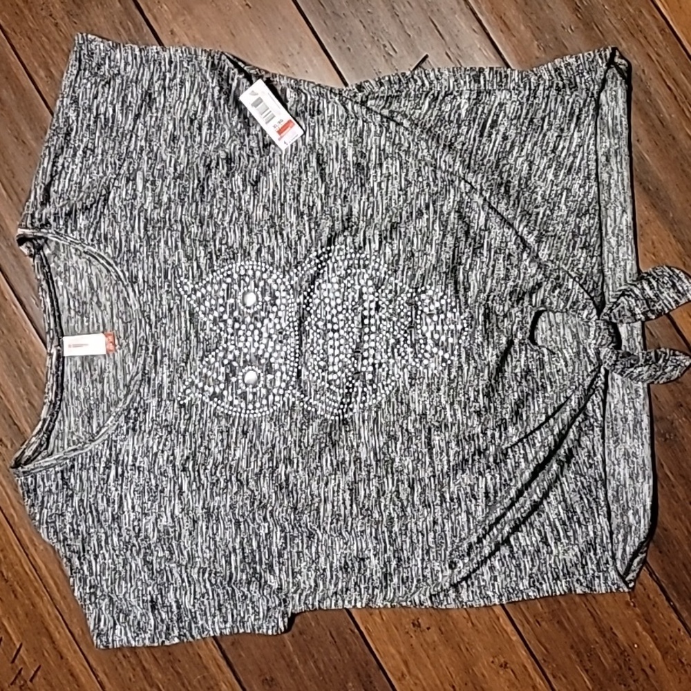 Women's Gray Knit Tie-Hem Tee with Studded Owl